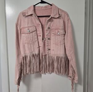 Distressed Pink Jean Jacket with Fringe